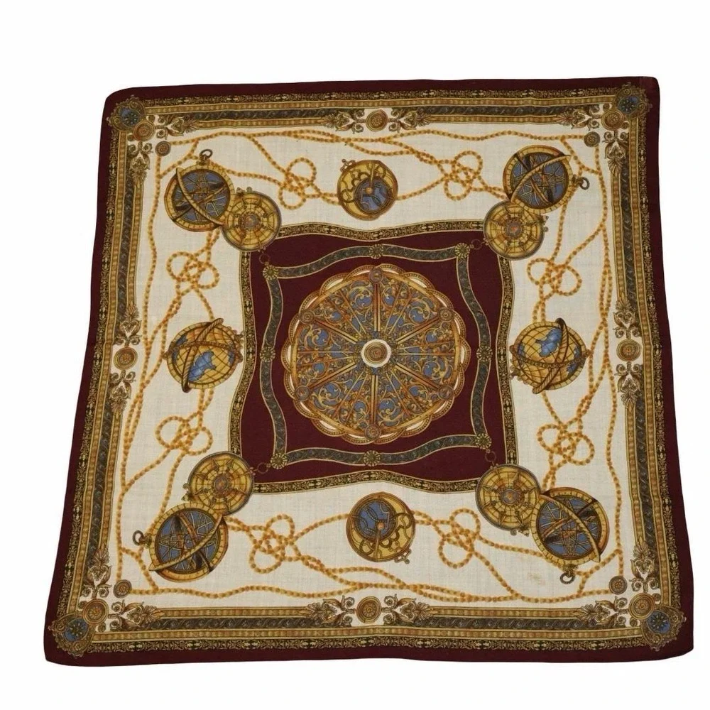 Vintage Italian Compass & Globe Square Scarf. Silk &‎ Wool 33.5